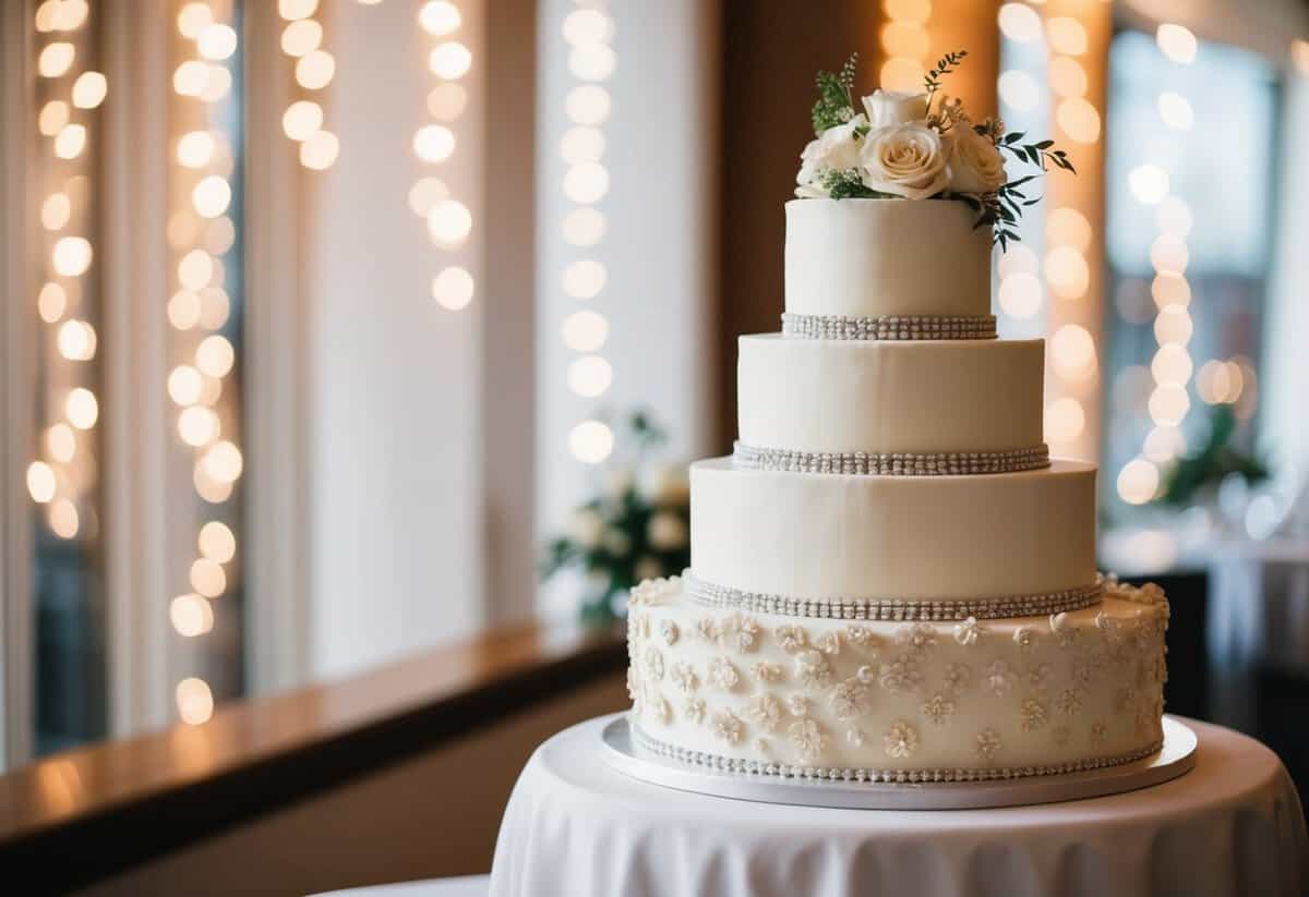 A wedding cake with 80% of its tiers decorated elaborately and 20% left plain
