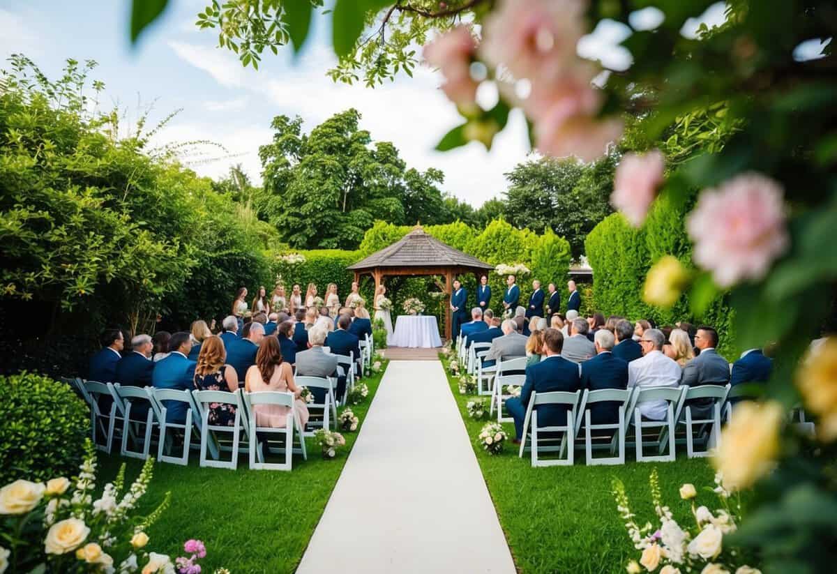 A cozy outdoor wedding venue with seating for 100 guests, surrounded by lush greenery and blooming flowers