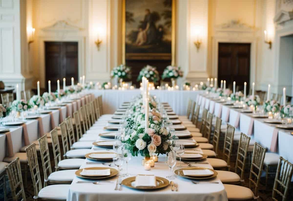 A grand banquet hall with elegant decor, adorned with floral centerpieces and a long banquet table set for 100 guests