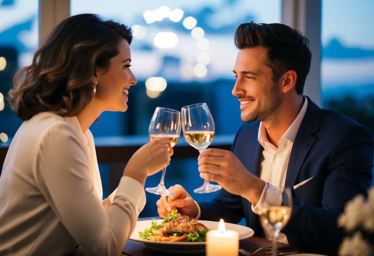A couple enjoying a romantic dinner together, with one partner gazing lovingly at the other while sharing a meal