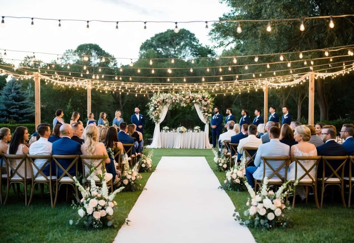 A picturesque outdoor wedding venue with seating for 100 guests, adorned with elegant floral arrangements and twinkling string lights