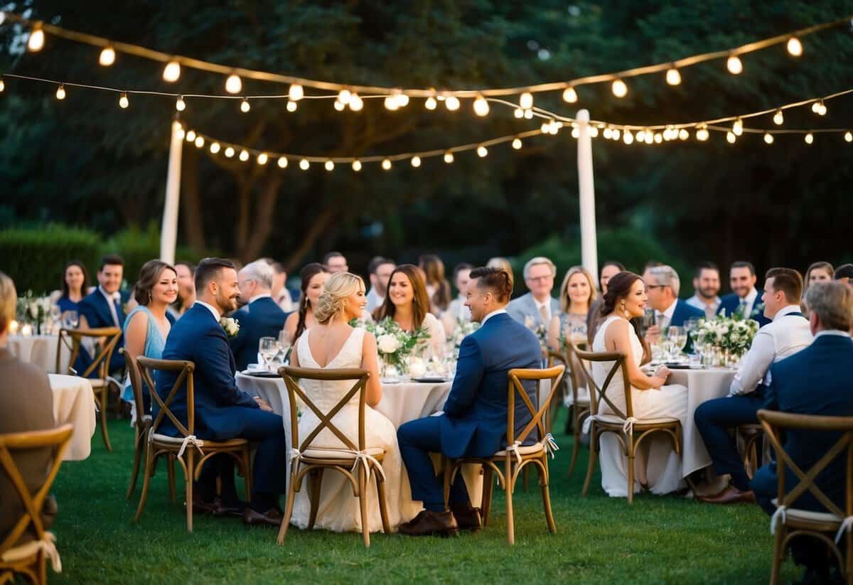 A cozy outdoor wedding with 100 guests seated at small, elegantly decorated tables. A string of lights creates a warm and intimate atmosphere