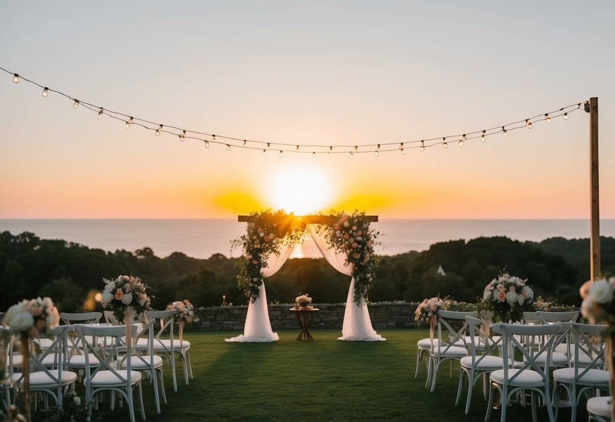 A sun setting behind a picturesque outdoor wedding venue with twinkling lights and floral decorations