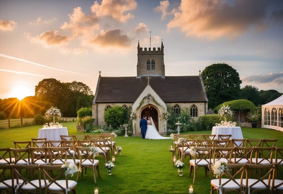 A picturesque English countryside wedding at sunset, with a traditional church ceremony and a reception in a charming garden marquee