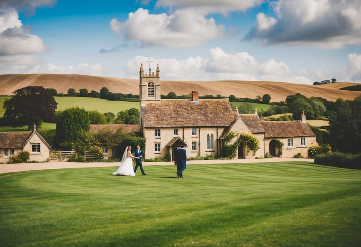 A picturesque English countryside wedding with a mix of traditional and modern elements, set against a backdrop of rolling hills and a quaint village church