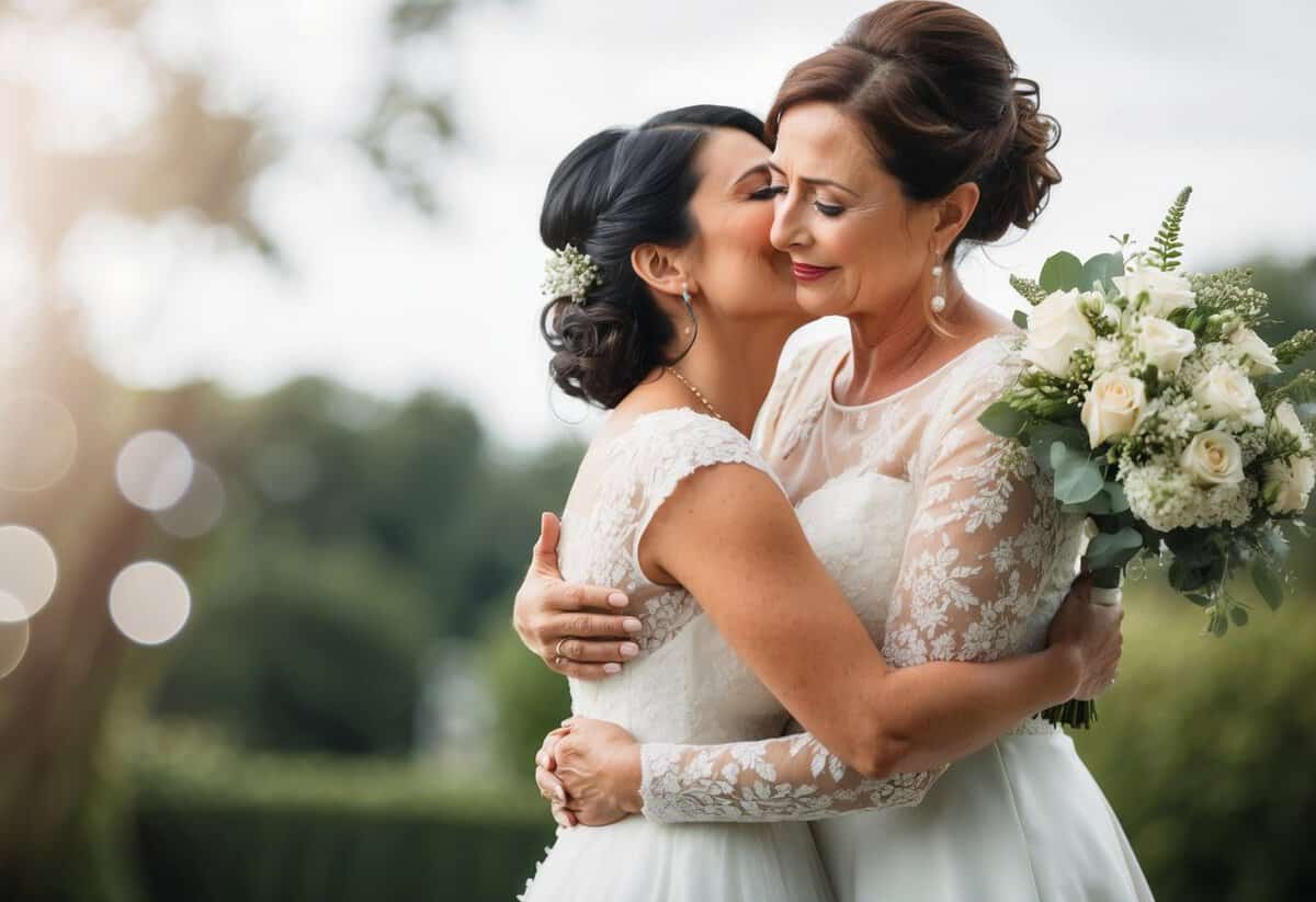 A mother gently embraces her daughter, whispering words of love and wisdom on her wedding day