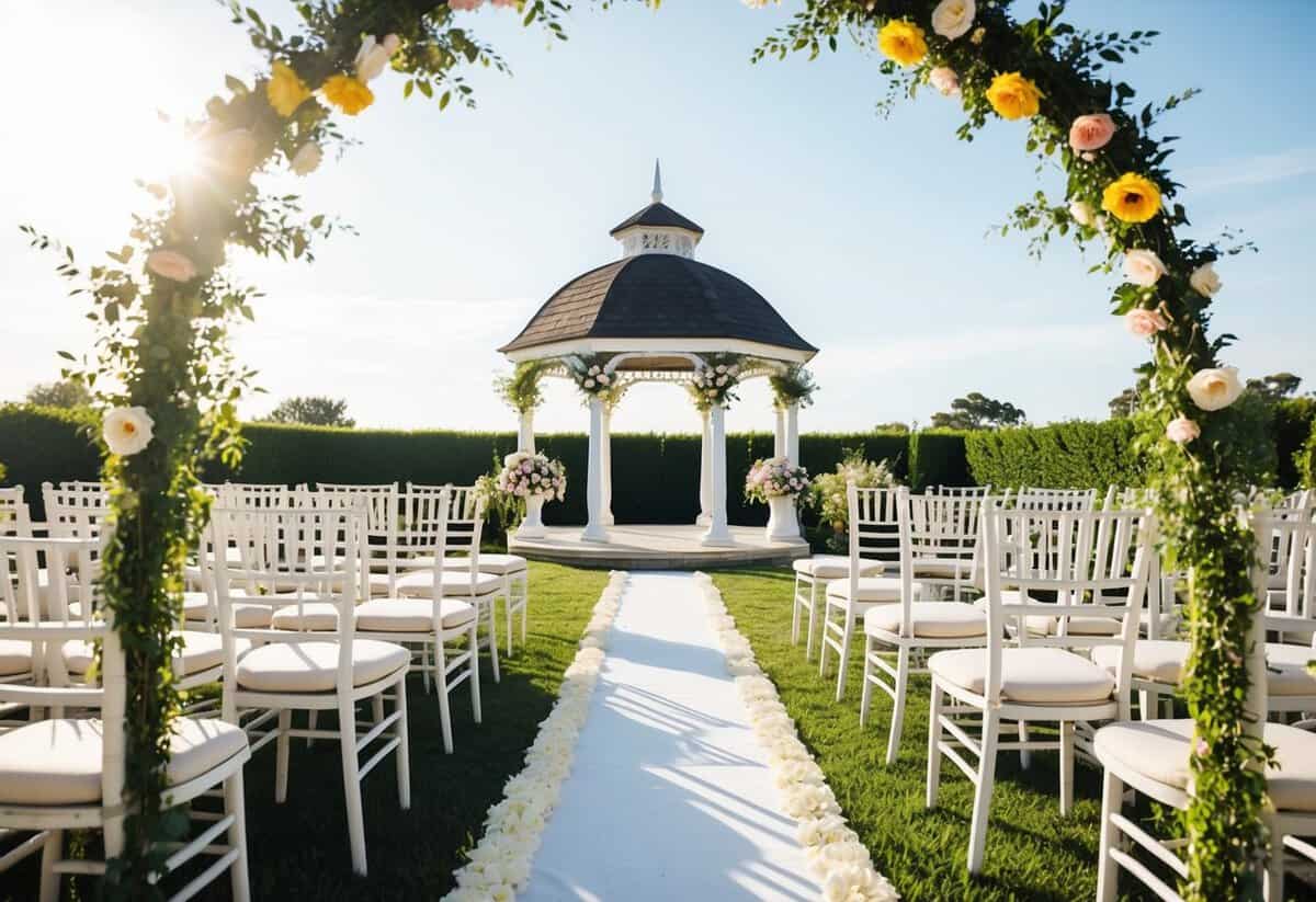 A sunny outdoor setting with a flower-adorned arch, rows of chairs, and a decorative aisle leading to a gazebo or altar