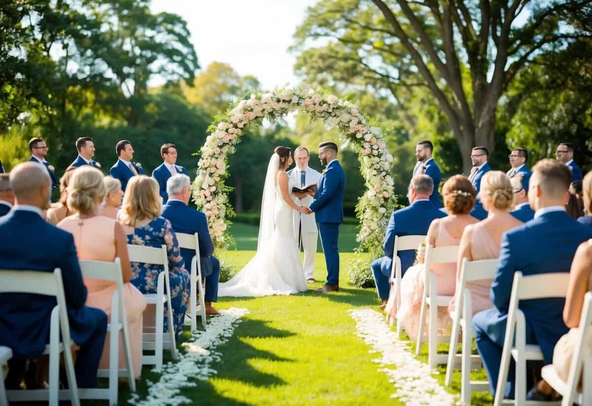 A sunlit outdoor wedding ceremony with guests seated and a floral arch at the center