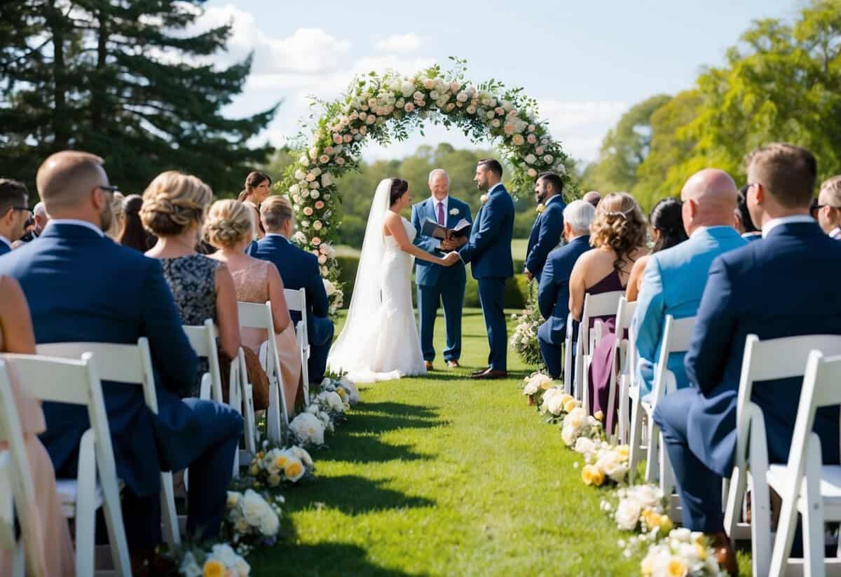 A sunny outdoor wedding ceremony with guests seated and a floral arch at the front