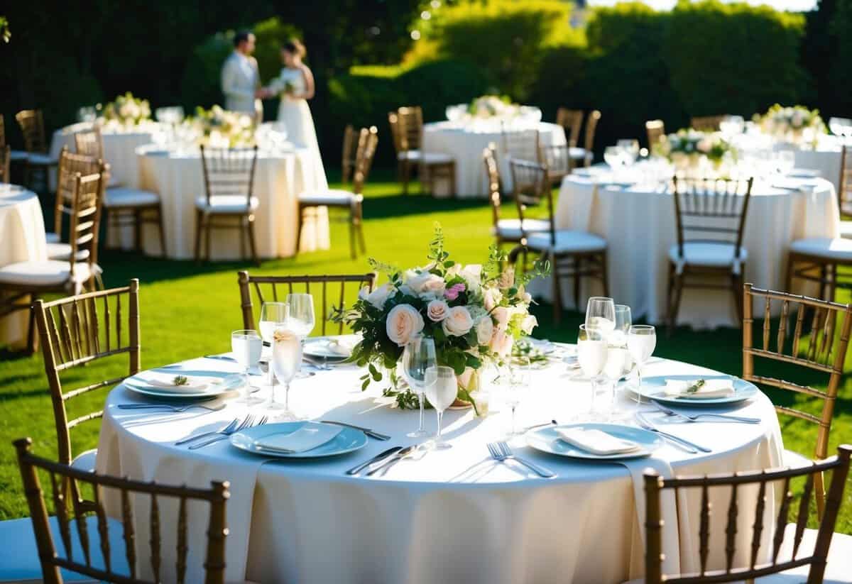 A sunlit garden with elegant tables and chairs set for a wedding reception, adorned with floral centerpieces and delicate place settings