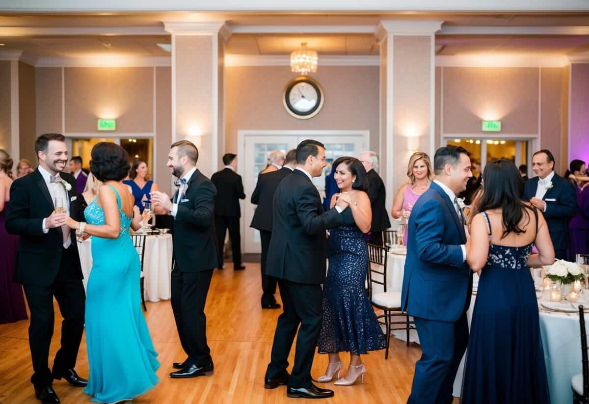 Guests mingling in a decorated reception hall, some dancing, others chatting at tables. A clock on the wall shows the late hour