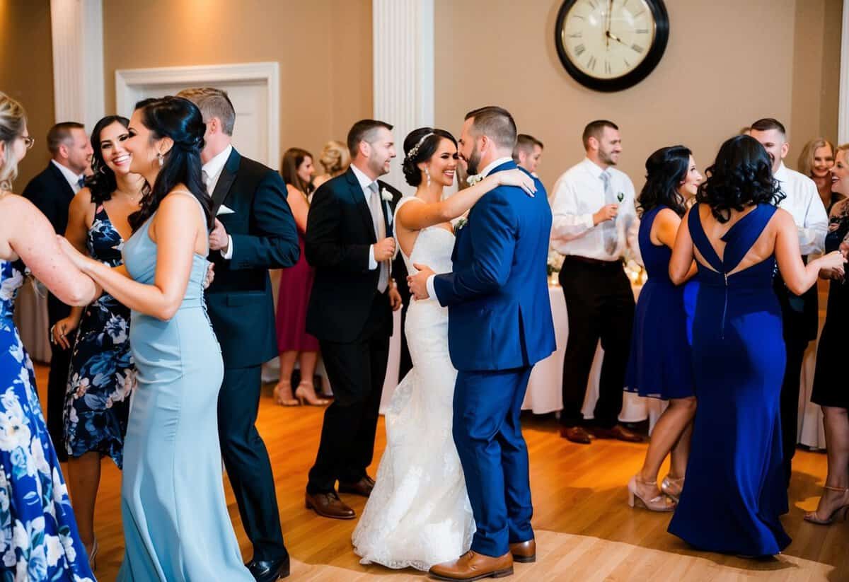 Guests mingling and dancing at a wedding reception, with a clock on the wall indicating the time. Some guests are leaving, while others are still enjoying the festivities