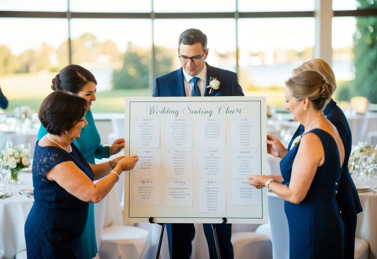 Wedding planner arranging seating chart for reception, considering placement of bride and groom's parents