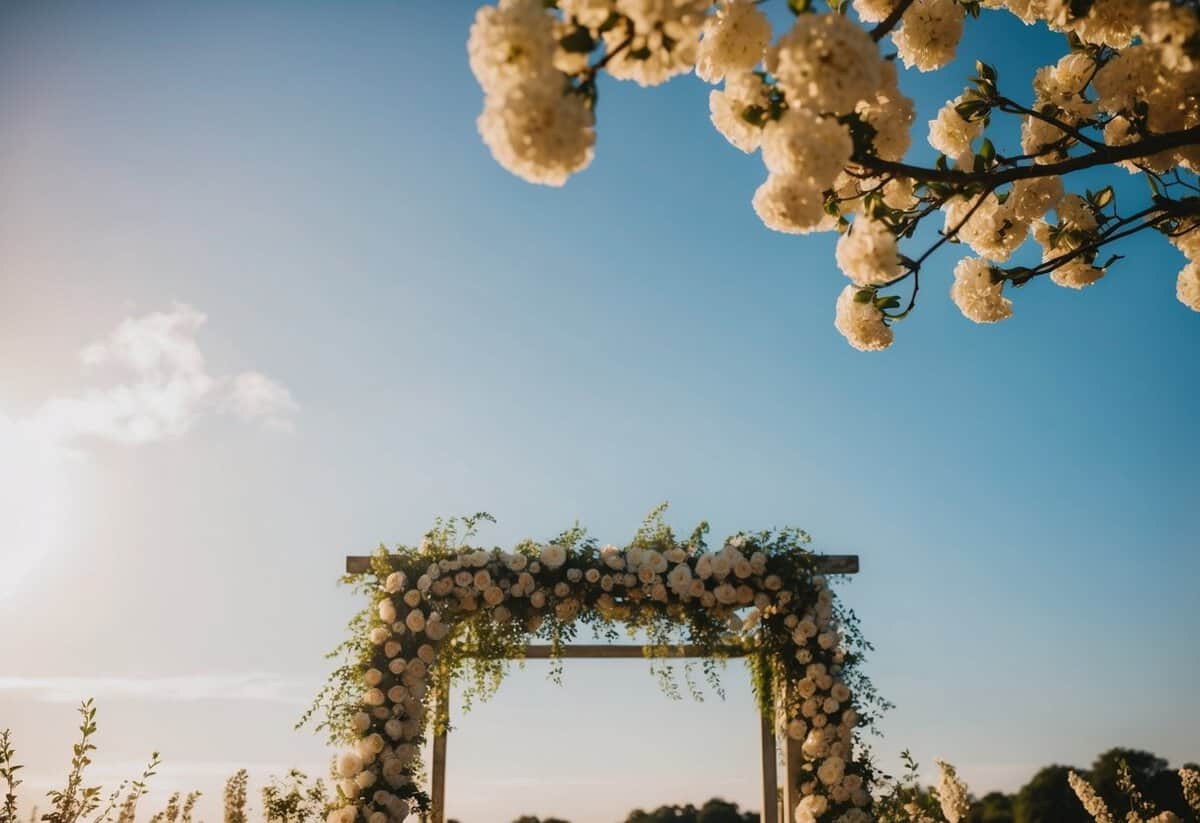 A soft golden light bathes a serene outdoor setting, with blooming flowers and a clear blue sky, creating a picturesque backdrop for a wedding ceremony