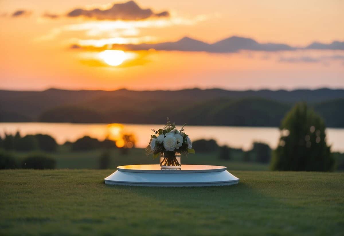 A serene outdoor setting at sunset, with warm golden light casting a romantic glow over the landscape, creating a perfect backdrop for a wedding ceremony