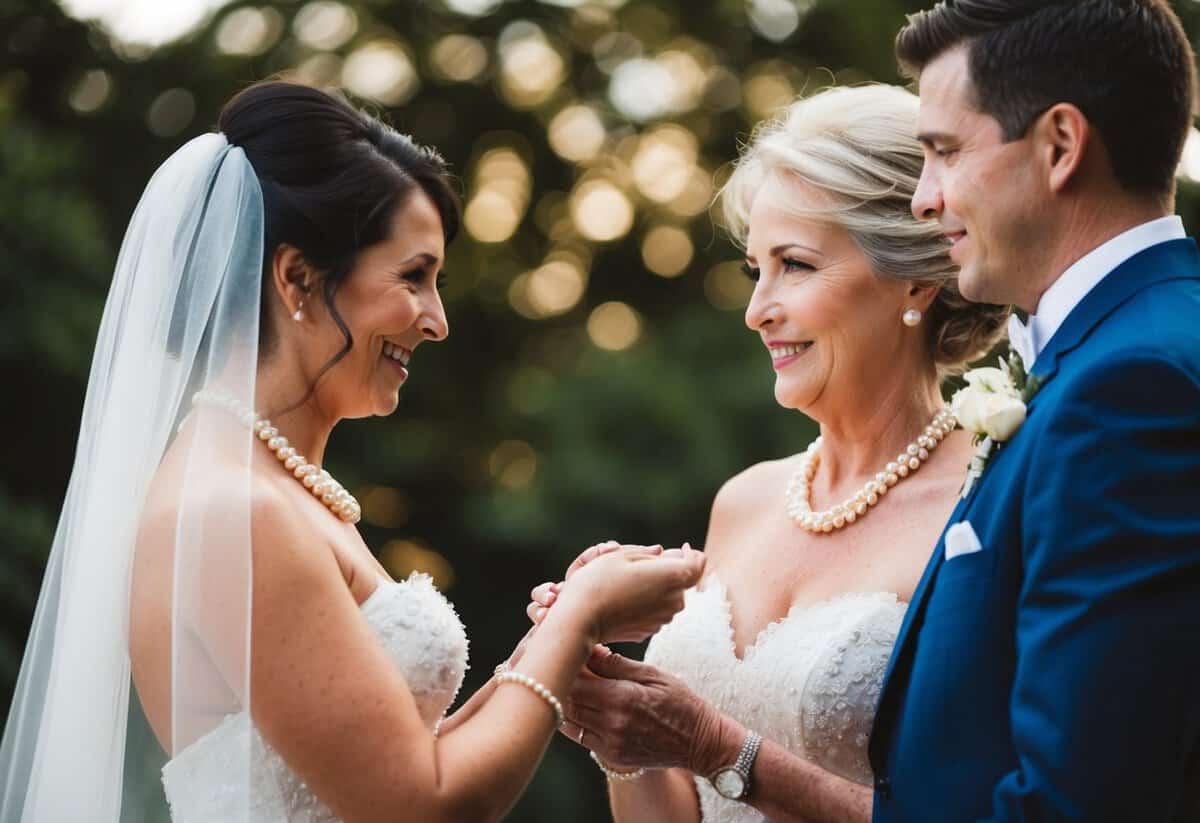 The groom's mother presents a delicate pearl necklace to the bride