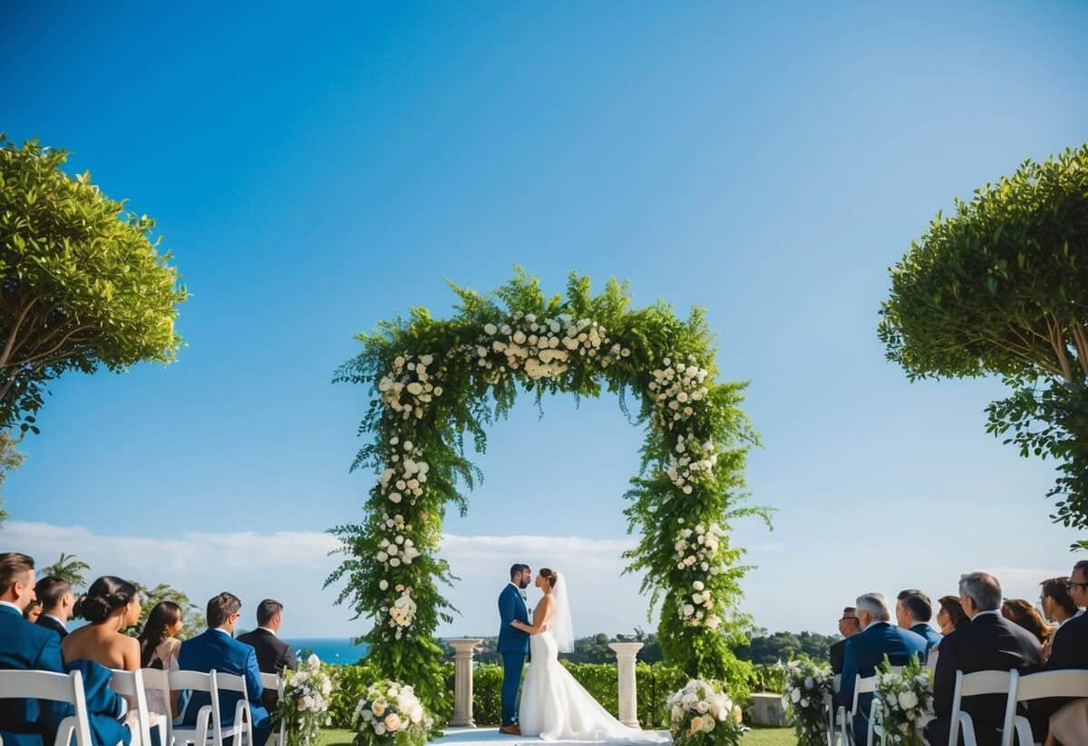 A bright, sunny outdoor setting with a clear blue sky and lush greenery, suggesting a midday wedding ceremony