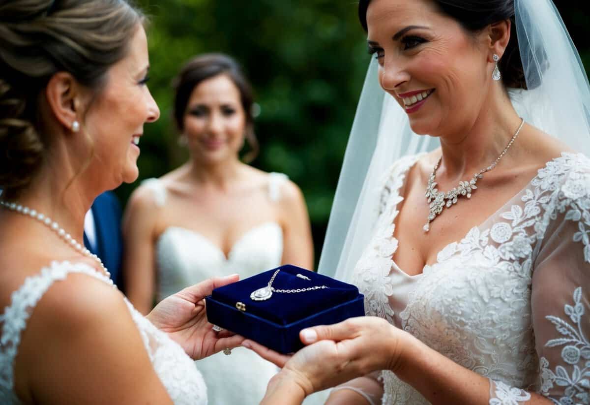 The groom's mother presents the bride with a delicate heirloom necklace in a velvet box