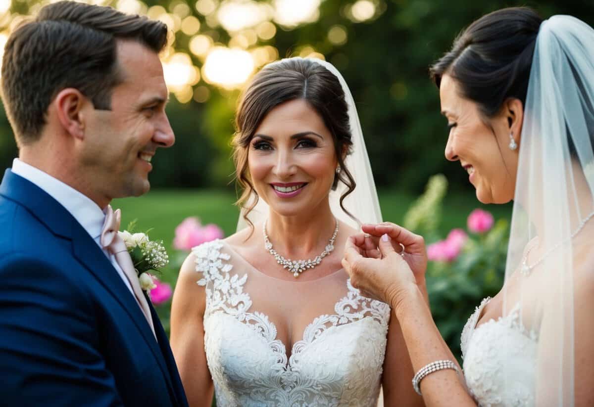 The groom's mother presents the bride with a delicate heirloom necklace, symbolizing the enduring bond between their families