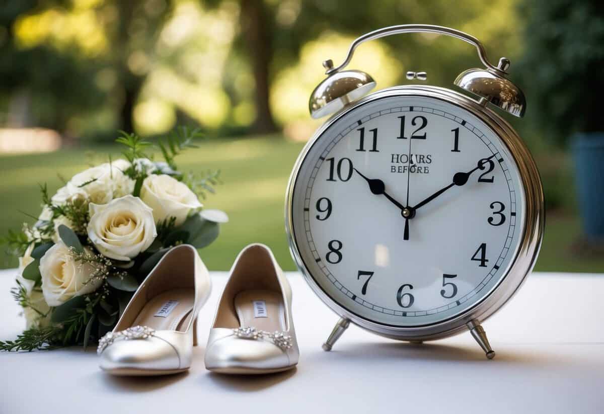 A clock showing 2 hours before a wedding, with a bridal bouquet and a pair of shoes neatly arranged on a table