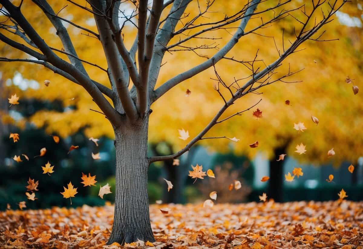 A barren tree surrounded by falling leaves in November