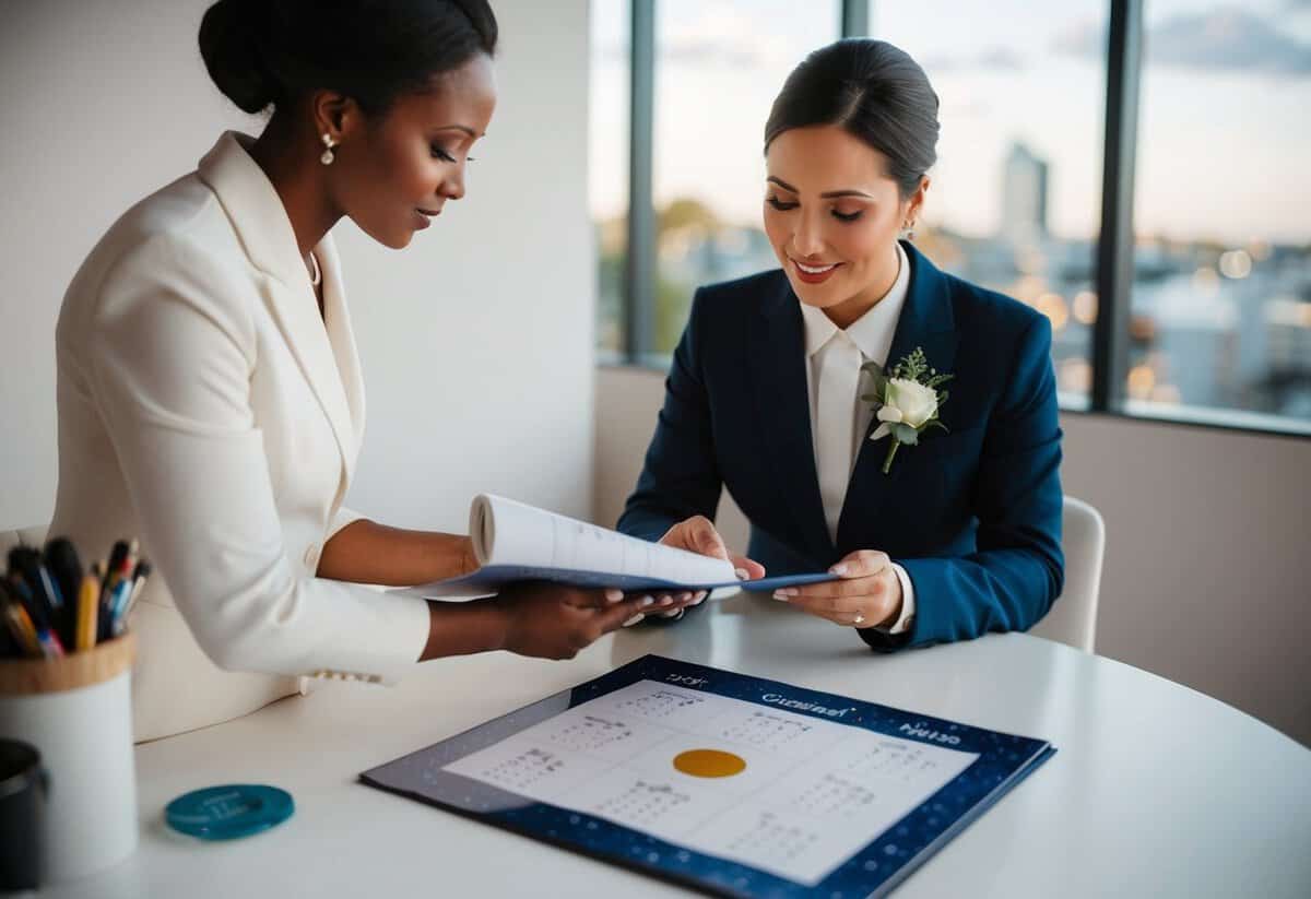 A wedding planner consulting a celestial calendar, avoiding certain months