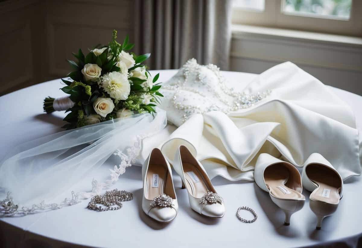 The bride's dress, veil, and bouquet laid out on a table, surrounded by scattered jewelry and a pair of elegant shoes