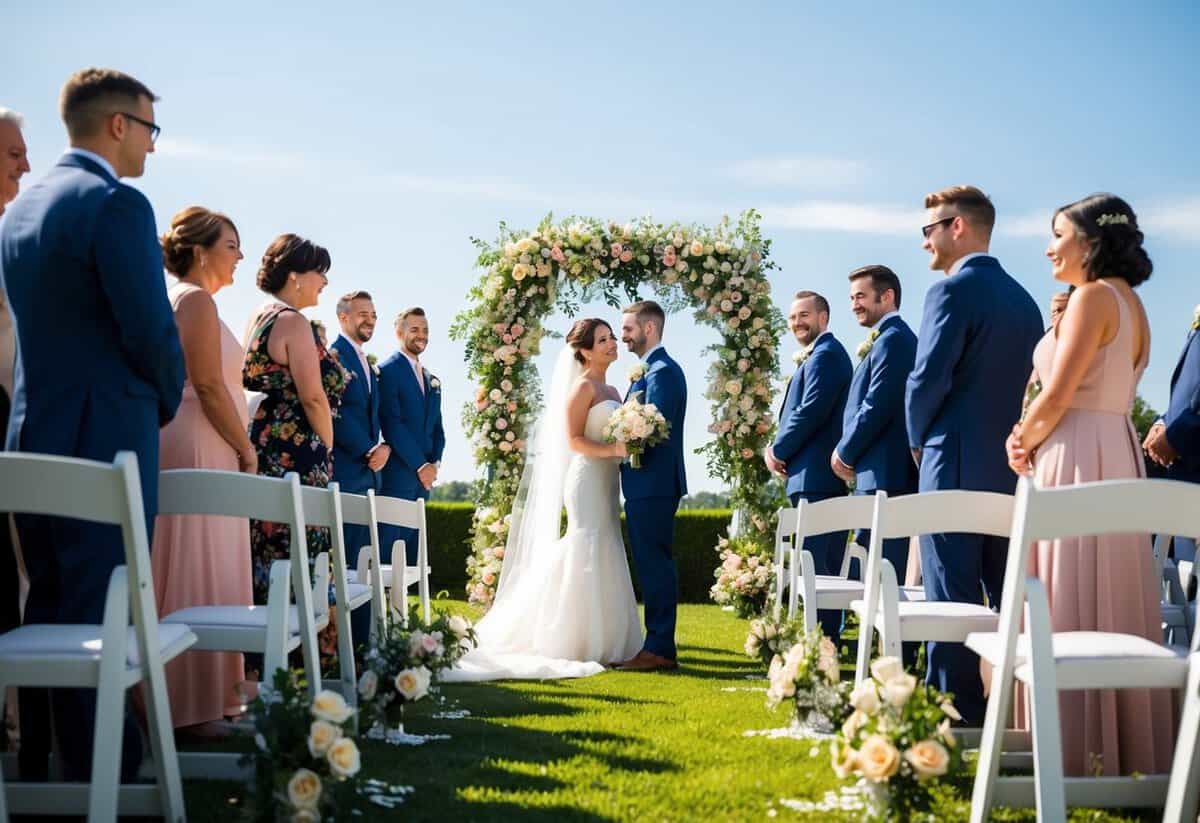 A sunny outdoor ceremony with blooming flowers and a clear blue sky, surrounded by happy guests and a romantic atmosphere