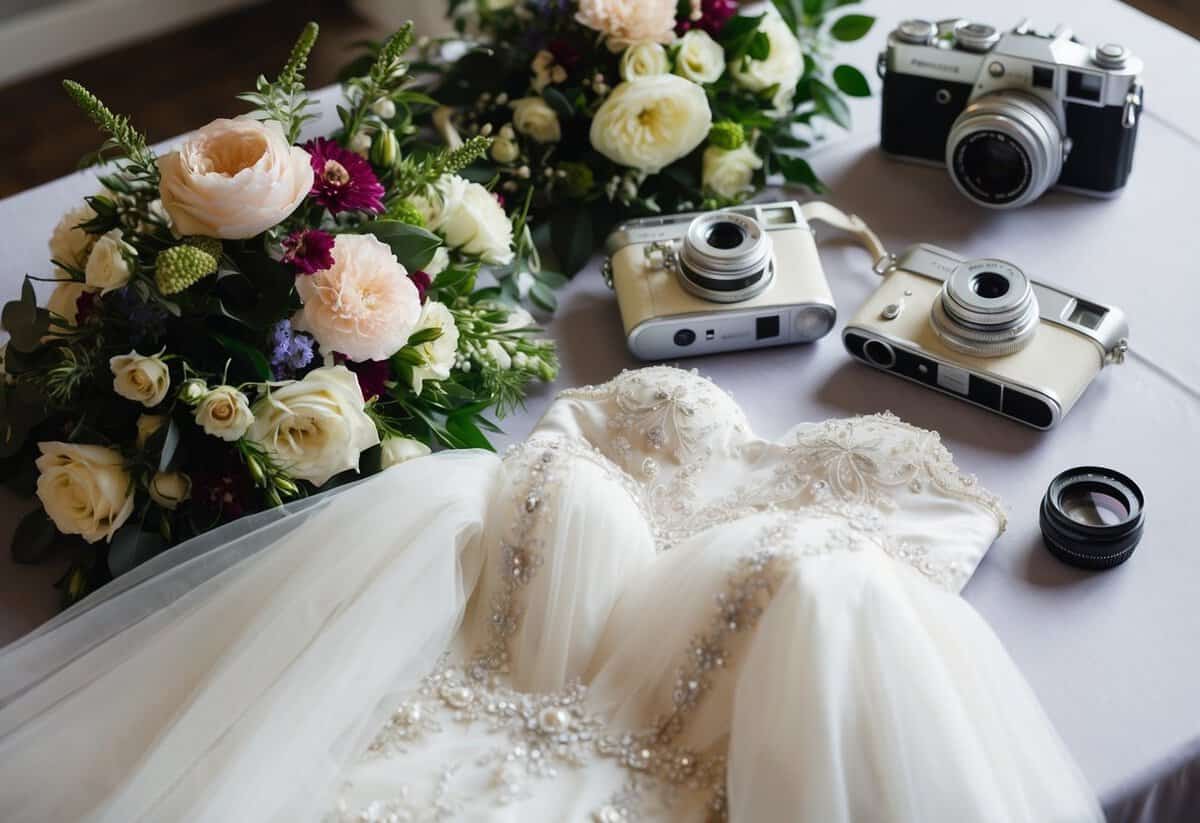 A bride's wedding dress and accessories laid out on a table, surrounded by flowers and a vintage camera