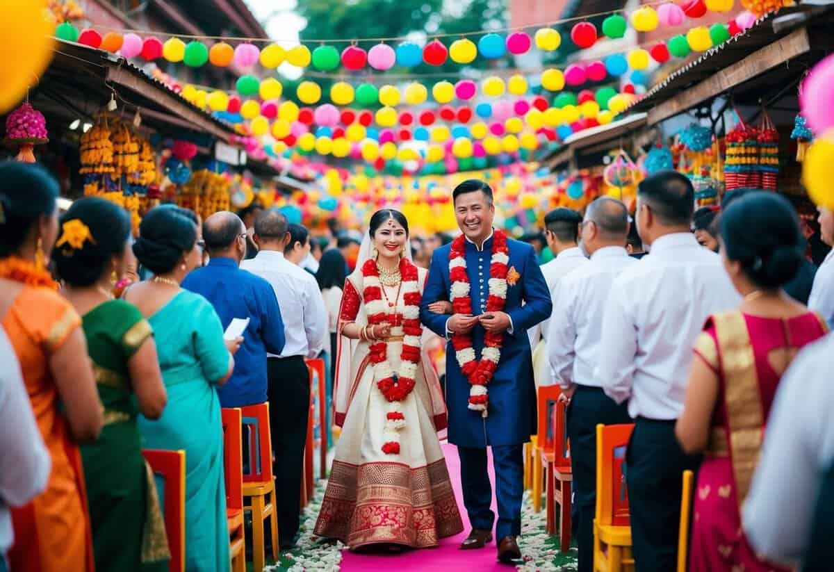 A traditional wedding ceremony set in a vibrant, bustling marketplace during a festive celebration, with colorful decorations and lively music