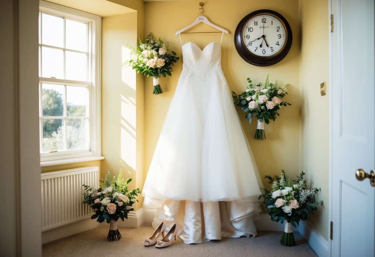 A bride's wedding dress hanging in a sunlit room, surrounded by bouquets and a pair of elegant shoes, as the clock on the wall reads 2:00 PM