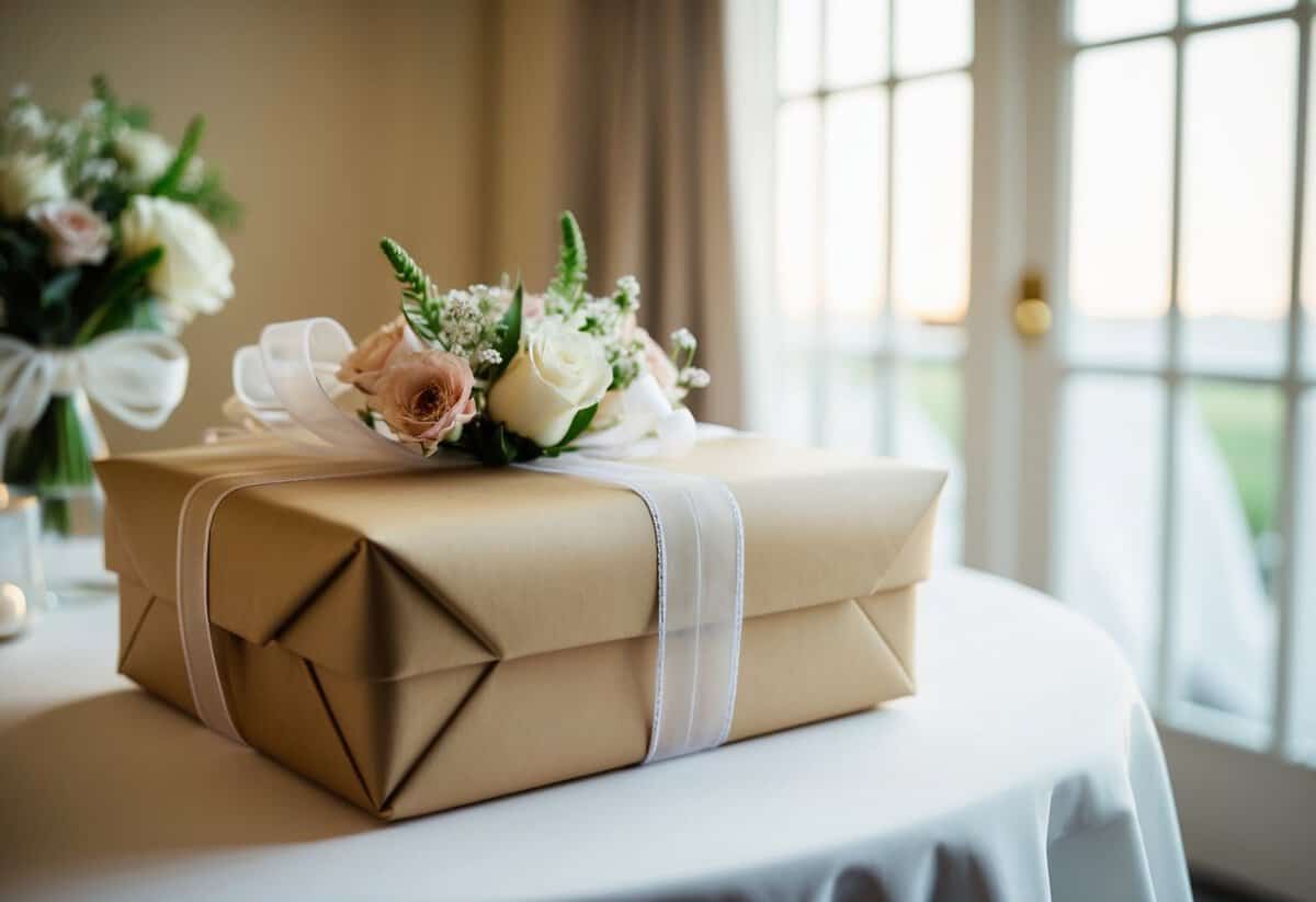 A beautifully wrapped wedding gift sits on a table, adorned with delicate ribbons and flowers, awaiting the bride and groom