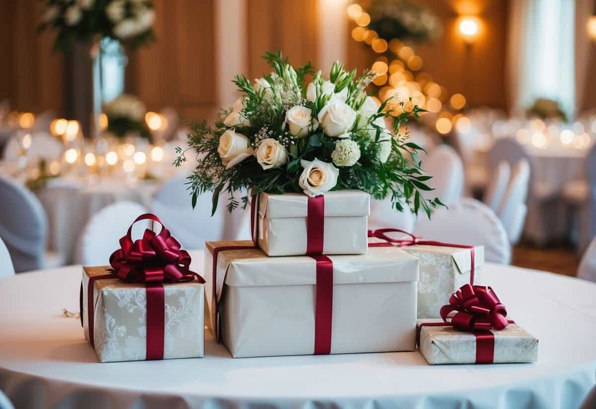 A beautifully wrapped gift from the parents of the bride, placed on a table at the wedding reception