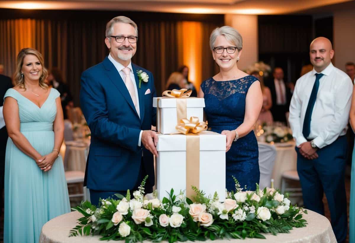 Parents present a wrapped gift at a wedding reception, surrounded by flowers and decorations