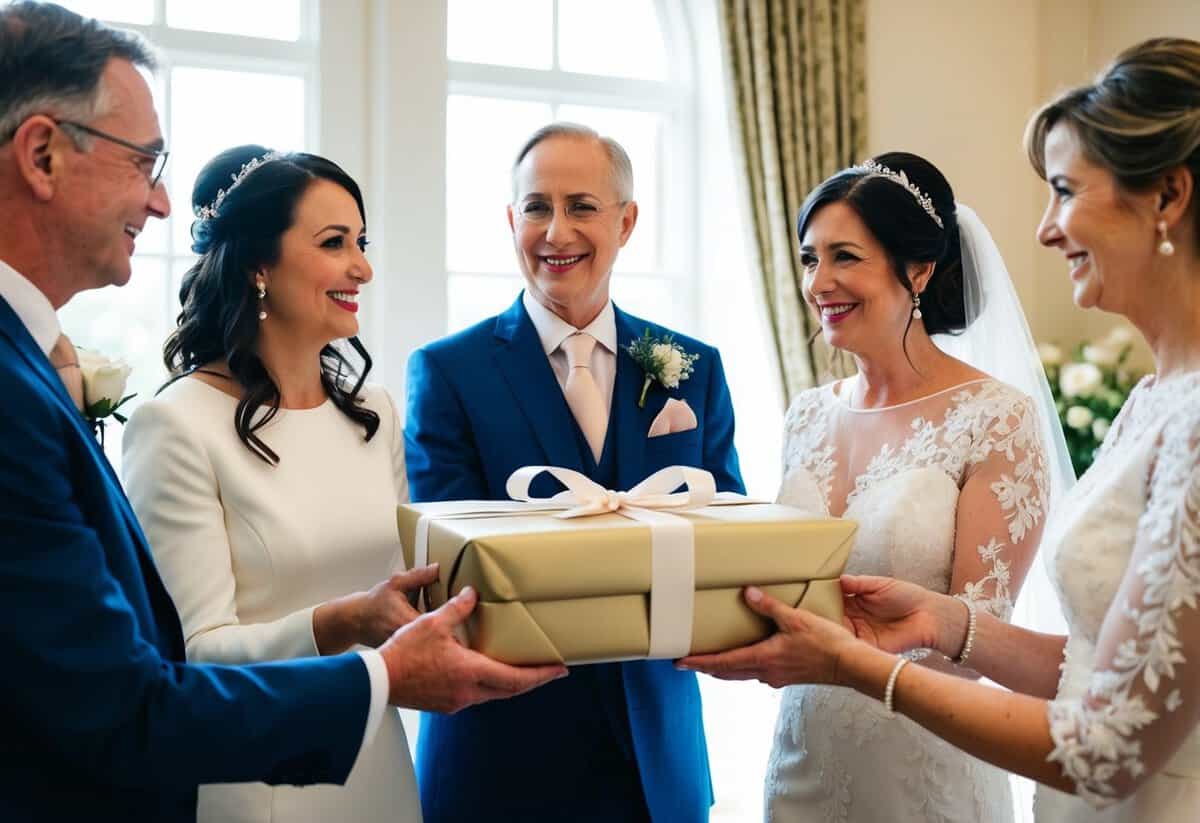 Parents of the bride presenting a beautifully wrapped gift to the newlywed couple, with a sense of love and anticipation in the air