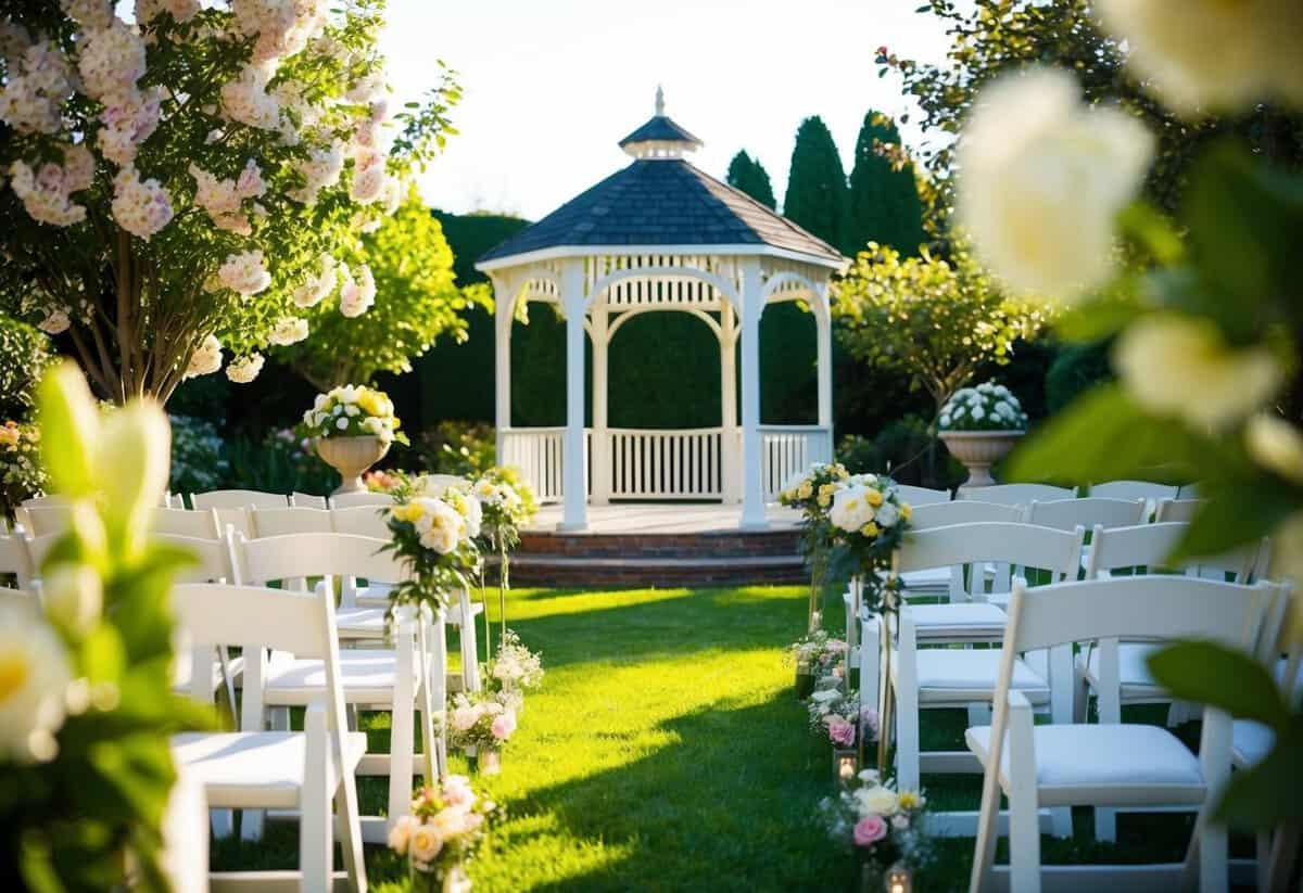 A sunlit garden with blooming flowers and a gazebo set for a wedding ceremony at 11am