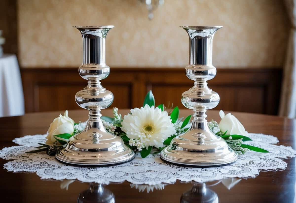 A pair of elegant silver candlesticks sit on a polished wooden table, surrounded by delicate lace and fresh flowers, representing the enduring love and support of the bride's parents beyond the wedding day