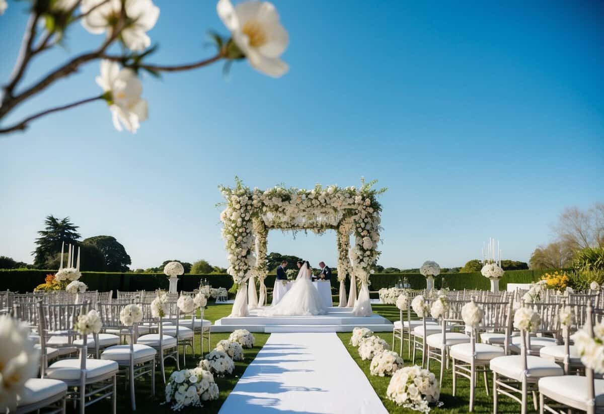 A lavish wedding set in a picturesque garden, with blooming flowers and a clear blue sky. The scene is adorned with elegant decorations and a grand ceremony setup