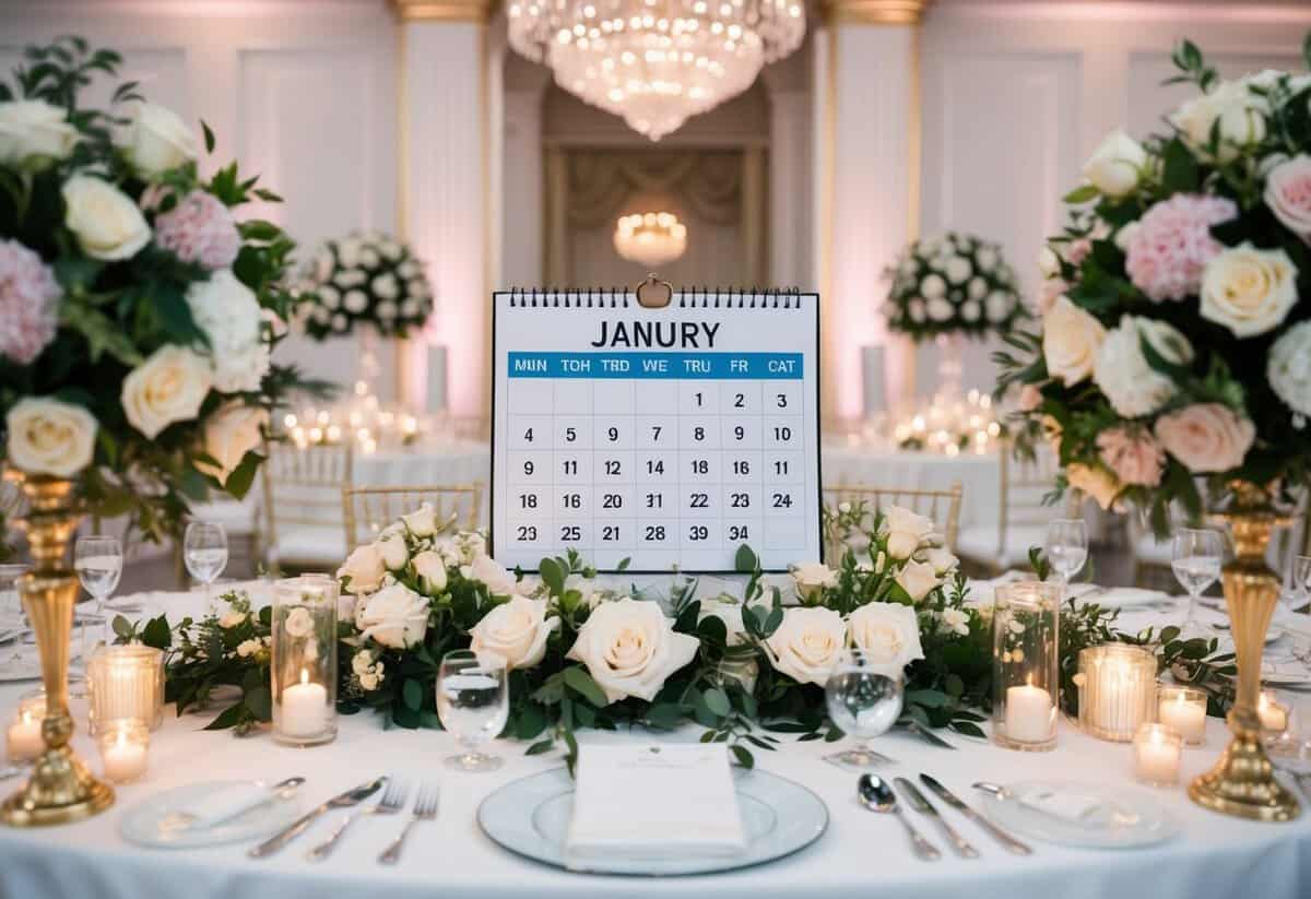A lavish wedding reception with a calendar showing the most expensive month highlighted, surrounded by elegant floral arrangements and opulent decor