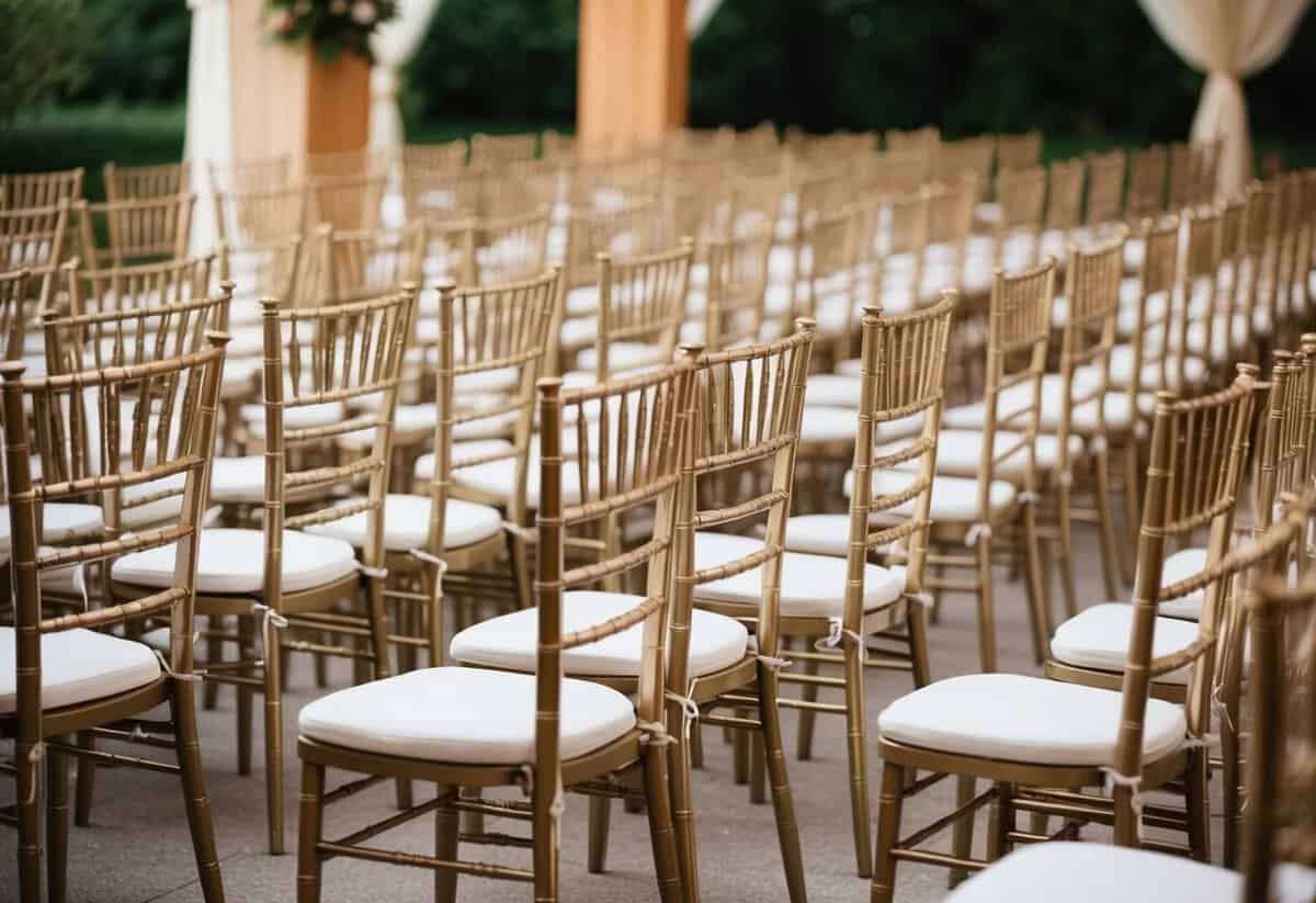 A beautifully decorated wedding venue with rows of empty chairs set up for guests
