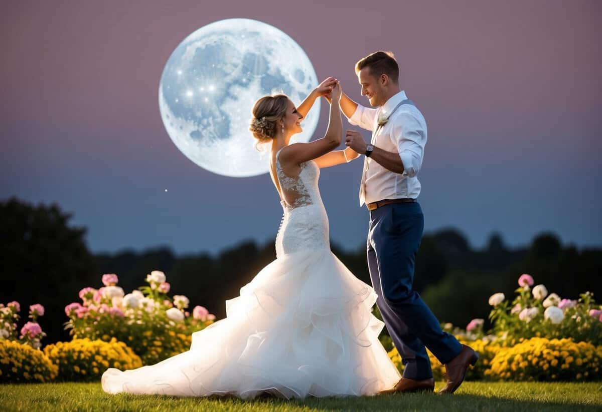 A bride and groom dancing under a full moon with flowers blooming all around them