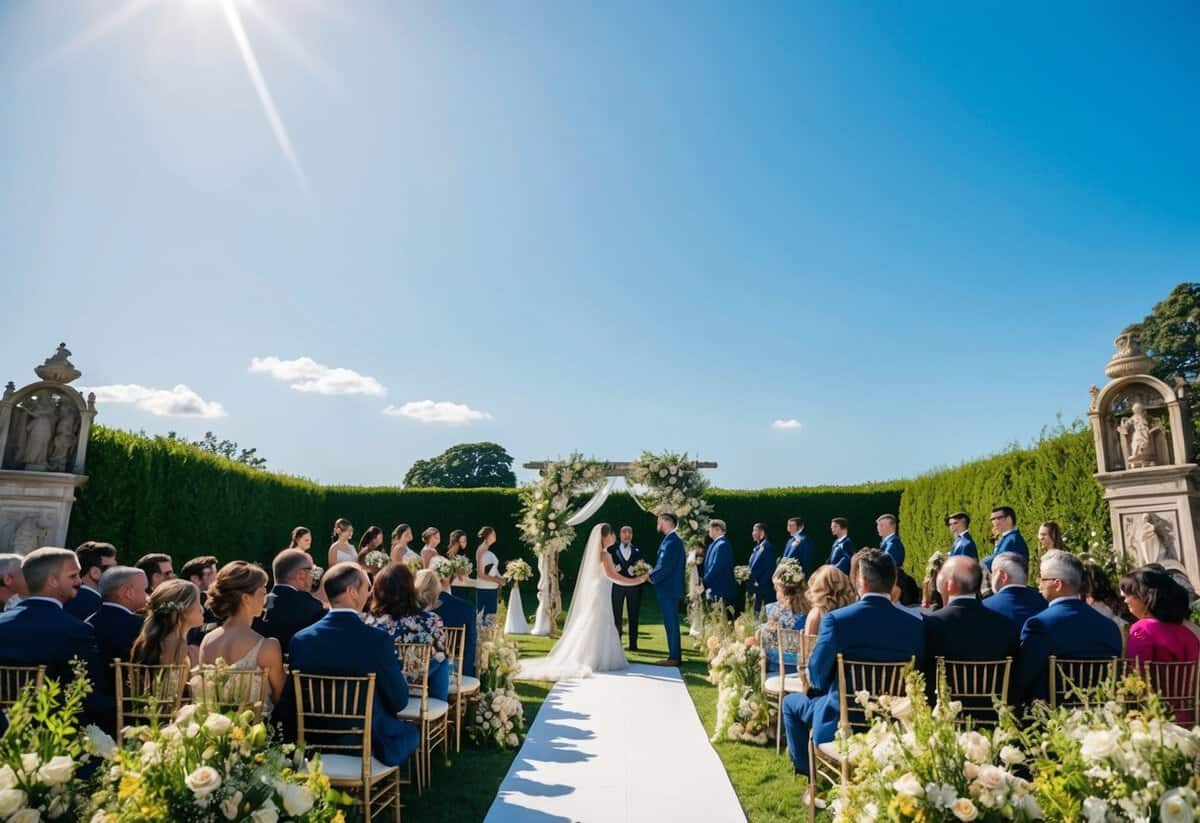 A sunny outdoor wedding ceremony in a lush garden with blooming flowers and a clear blue sky, surrounded by historical artifacts and symbols of love and marriage
