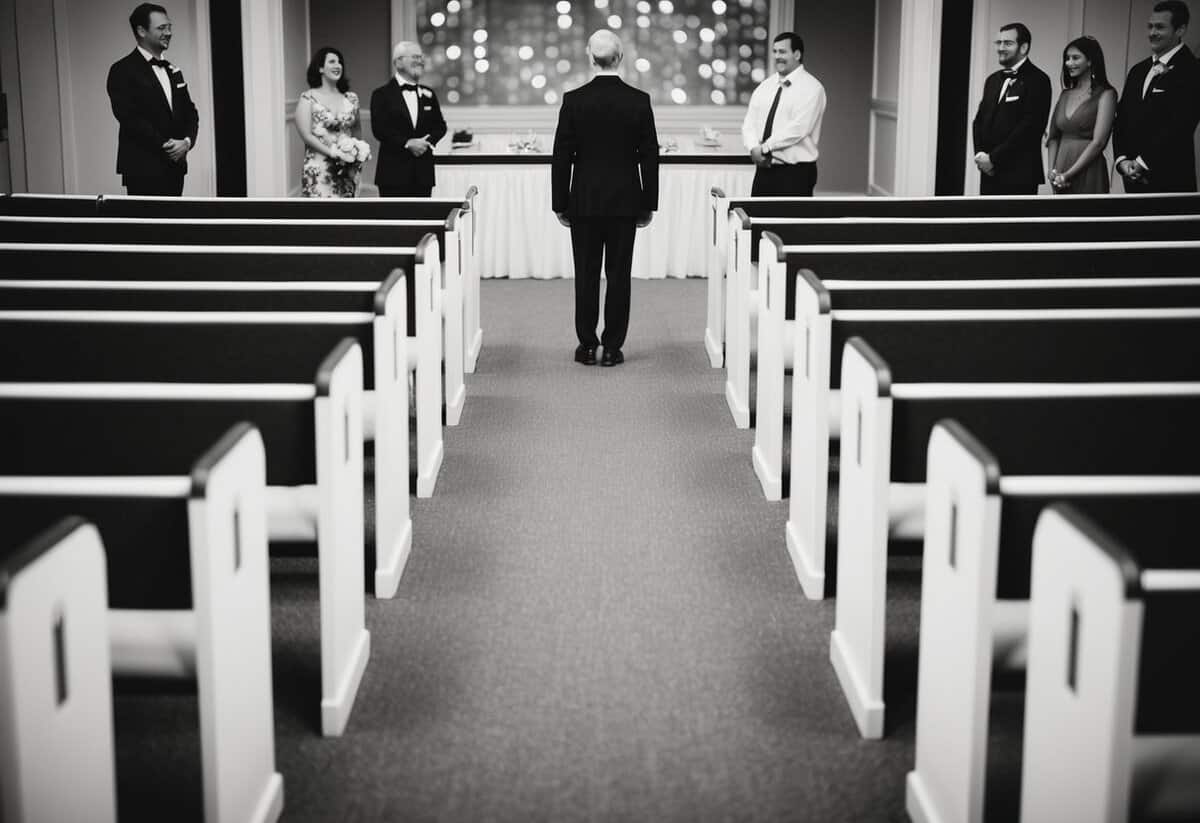 A lone figure stands at the end of an empty aisle, with no one to walk them down