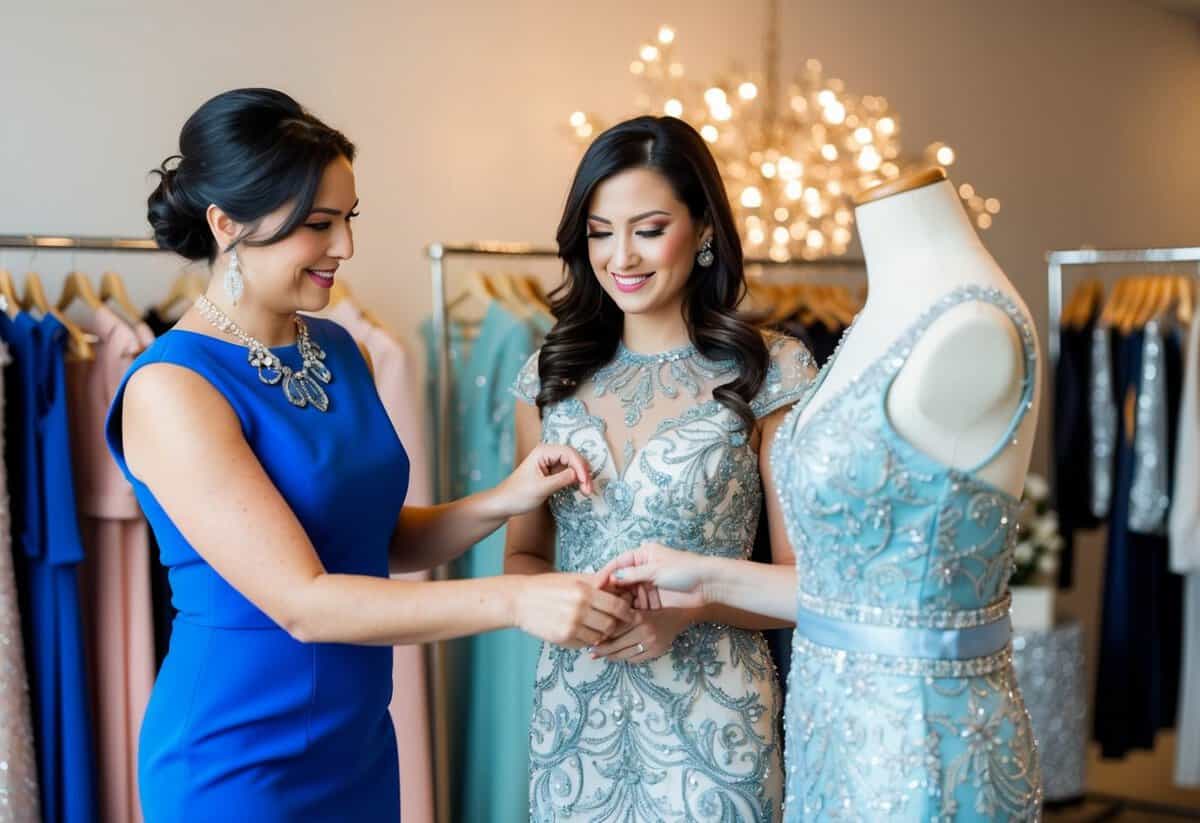 A boutique salesperson assisting a customer in selecting a stylish mother of the bride outfit
