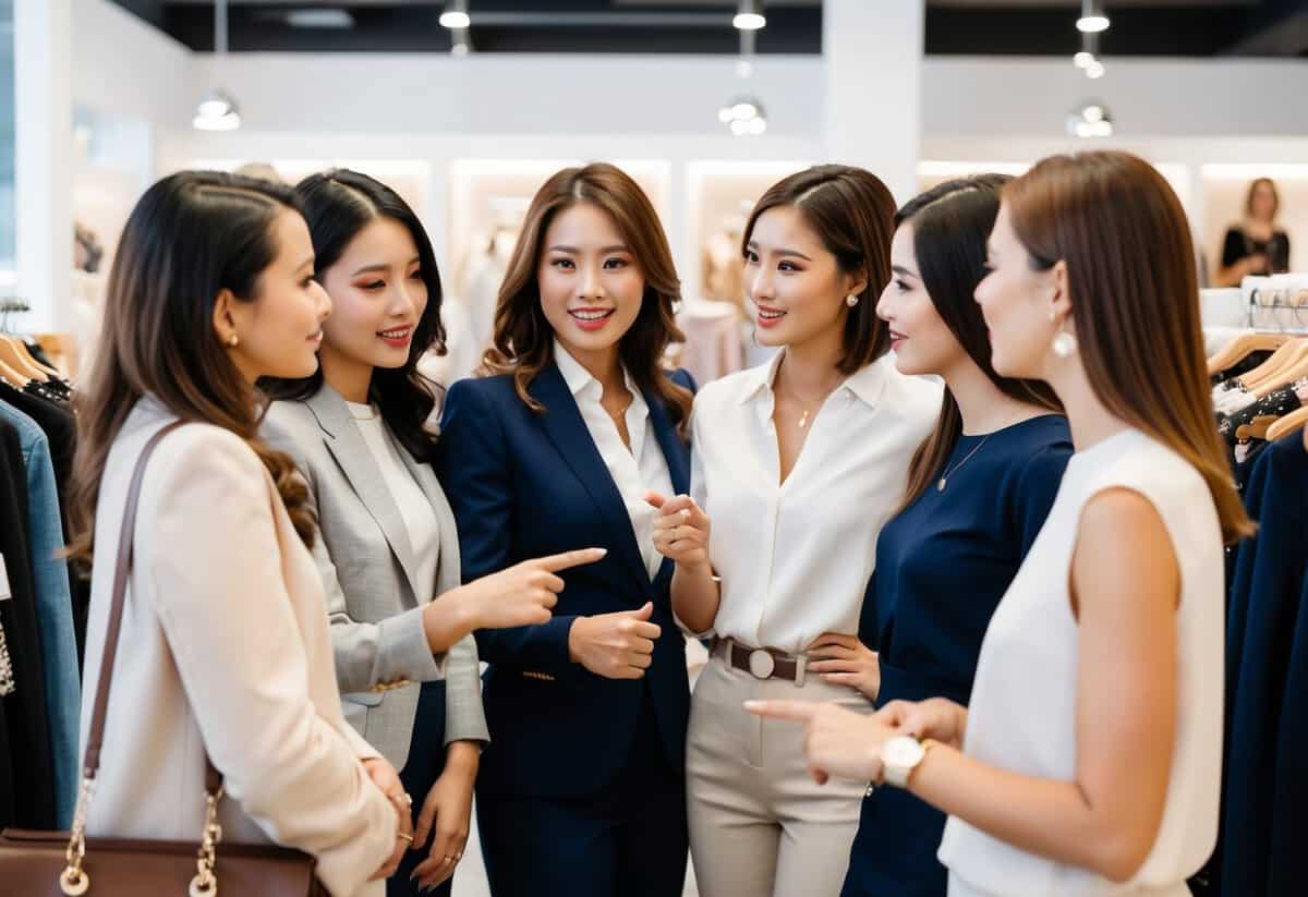 A group of women discussing and pointing at different outfits in a boutique