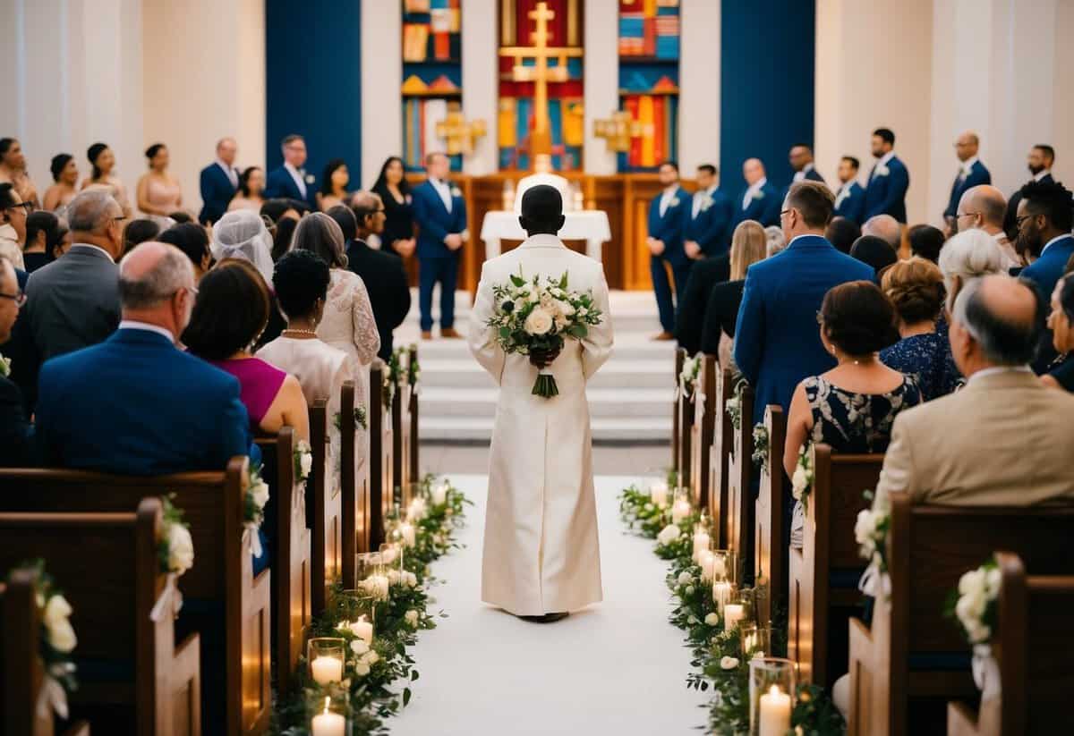 A figure stands at the end of an aisle, holding a bouquet and facing a distant altar. The space is filled with symbols of various cultural and religious traditions, representing the diverse influences on the wedding ceremony
