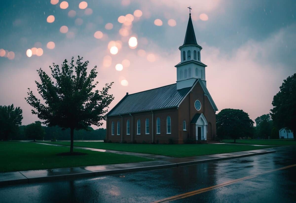 A deserted church on a rainy Monday
