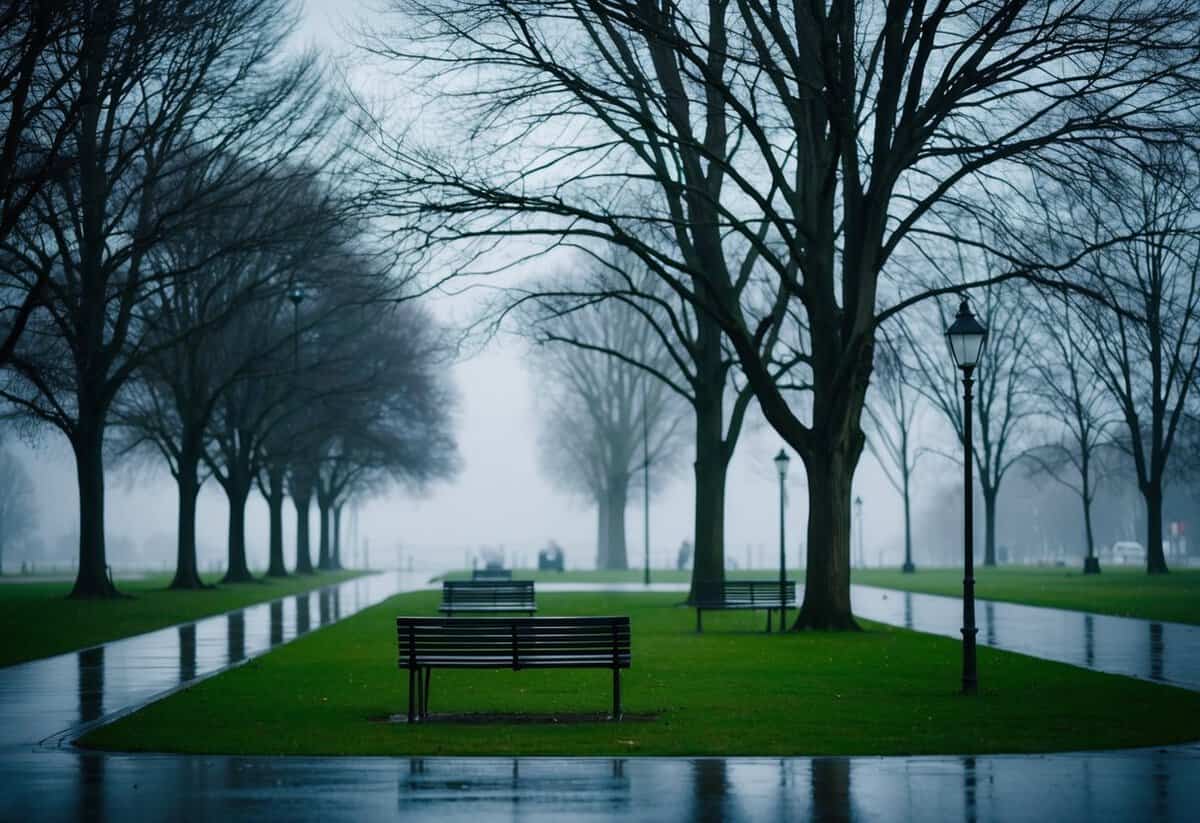 A gloomy, rainy November day with bare trees and empty benches in a park