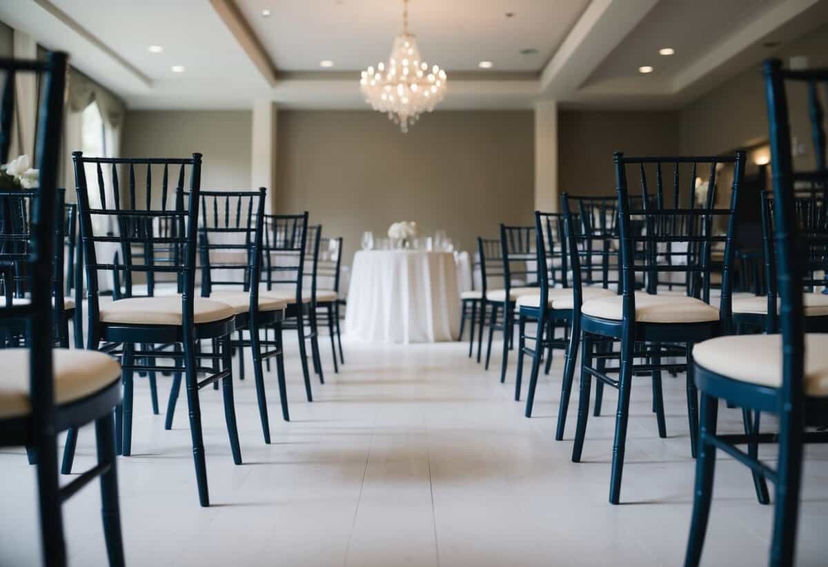 A deserted wedding venue on a Monday, with empty chairs and a quiet atmosphere