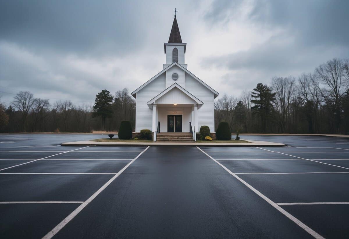 A deserted wedding chapel on a gloomy Monday, with overcast skies and an empty parking lot